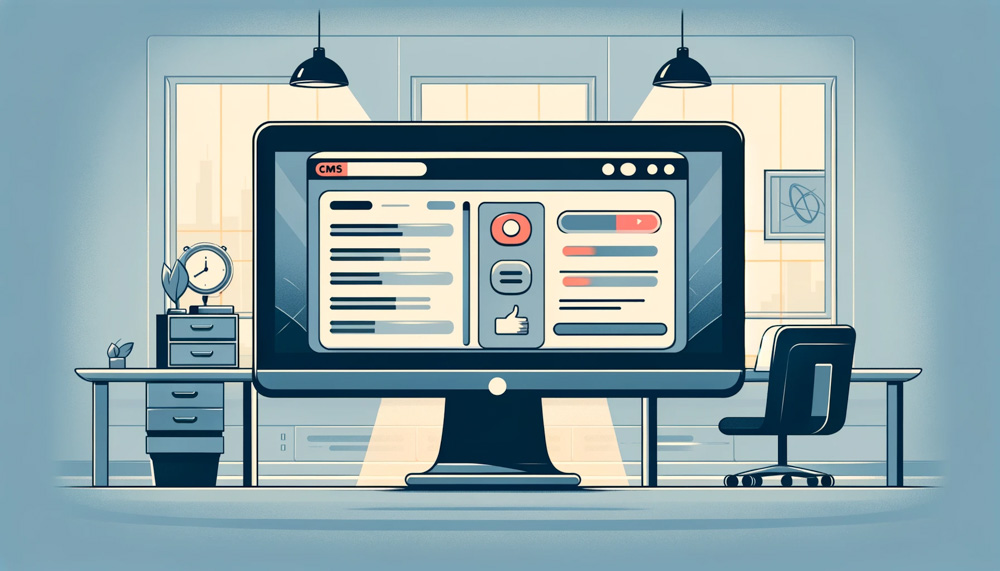 Zobrazuje veľkú obrazovku počítača s užívateľsky prívetivým dashboardom CMS systému, kde sú možnosti na pridávanie a úpravu webového obsahu vrátane textu, obrázkov a videí. Pozadie je minimalistické kancelárske prostredie, symbolizujúce jednoduchosť a efektivitu správy obsahu webovej stránky prostredníctvom CMS systému.