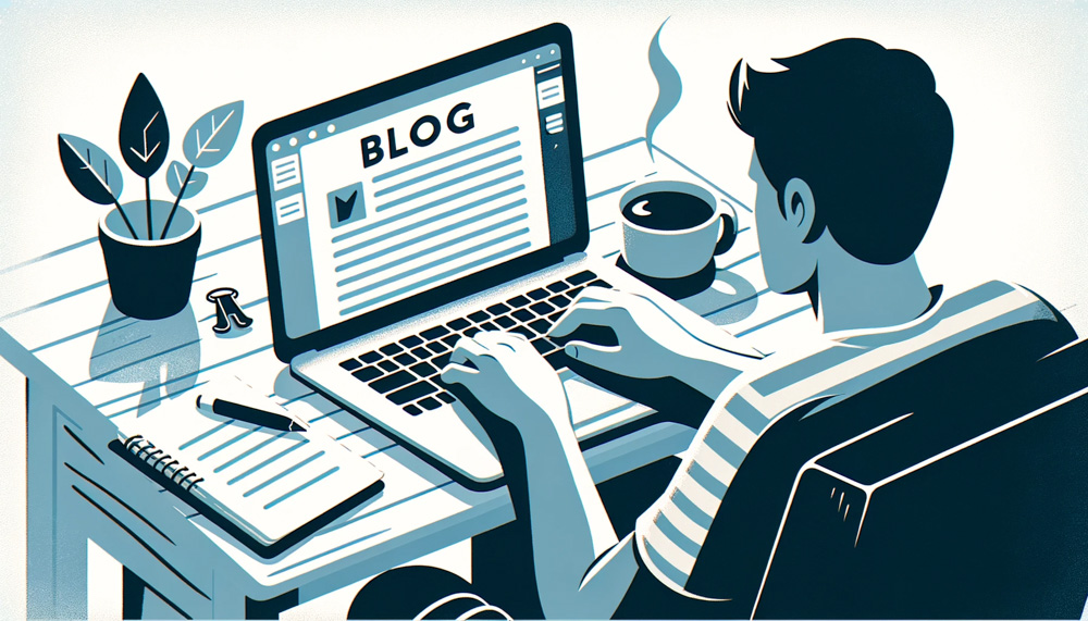 Zobrazuje blogera, ktorý je hlboko sústredený na písanie blogového príspevku na notebooku. Prostredie je útulné a kreatívne pracovisko s šálkou kávy a poznámkami na stole, symbolizujúce uvoľnenú, ale produktívnu povahu písania obsahu a blogov.