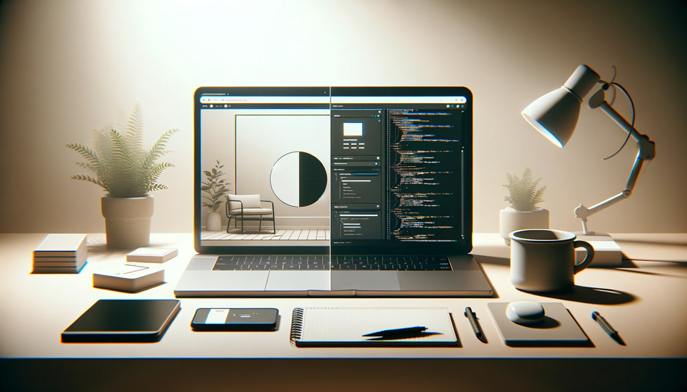 Čistý stôl s laptopom zobrazujúcim webdizajn a kódovanie na rozdelenom obrazovke, ilustruje minimalistický prístup k tvorbe webových skúseností s minimálnymi rozptyľujúcimi prvkami.