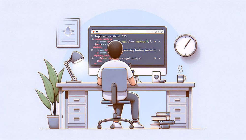 Jednoduchá a čistá ilustrácia webového vývojára sediaceho za stolom a pracujúceho na optimalizácii webovej stránky pre rýchlejšie načítanie. Dôraz je kladený na počítačovú obrazovku, ktorá zobrazuje úryvky kódu Critical CSS vedľa vizuálneho znázornenia okamžitého načítania webovej stránky.