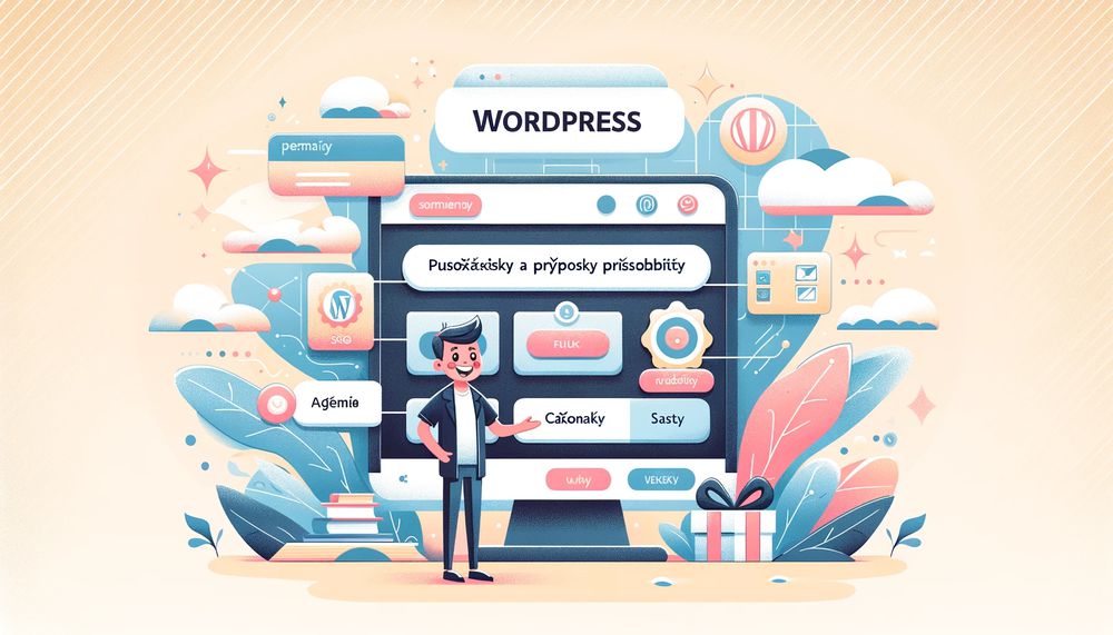 Obrázok zobrazuje farebnú a veselú ilustráciu súvisiacu s WordPressom, ktorý je ďalším populárnym systémom na správu obsahu (CMS). Na ilustrácii je zobrazený útulný a priateľský dizajn s postavičkou, ktorá môže byť zástupcom alebo používateľom WordPressu, stojacou vedľa veľkého displeja alebo panelu s rôznymi ikonami a ovládacími prvky WordPressu.