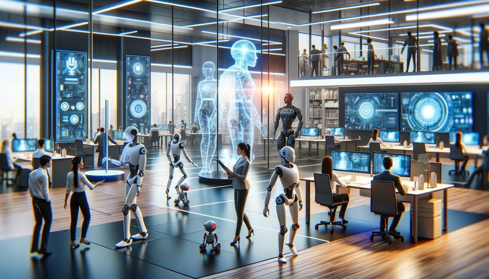 áto ilustrácia zobrazuje futuristické pracovné prostredie, kde ľudia a roboty spolupracujú. Je plné pokročilej technológie, vrátane počítačov a robotov poháňaných umelou inteligenciou, ktoré pomáhajú ľuďom v ich úlohách.