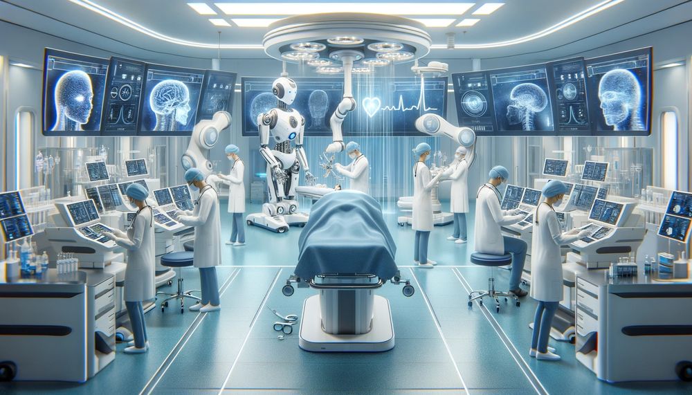 Táto ilustrácia predstavuje futuristické zdravotnícke prostredie, kde lekári a roboty poháňané umelou inteligenciou spolupracujú. Ukazuje vysokotechnologickú nemocničnú izbu, kde roboty pomáhajú pri chirurgických zákrokoch a starostlivosti o pacientov.